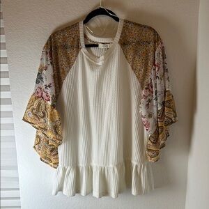 Umgee plus mix media Floral Patchwork Ruffle Sleeve Top peplum plus size 1X